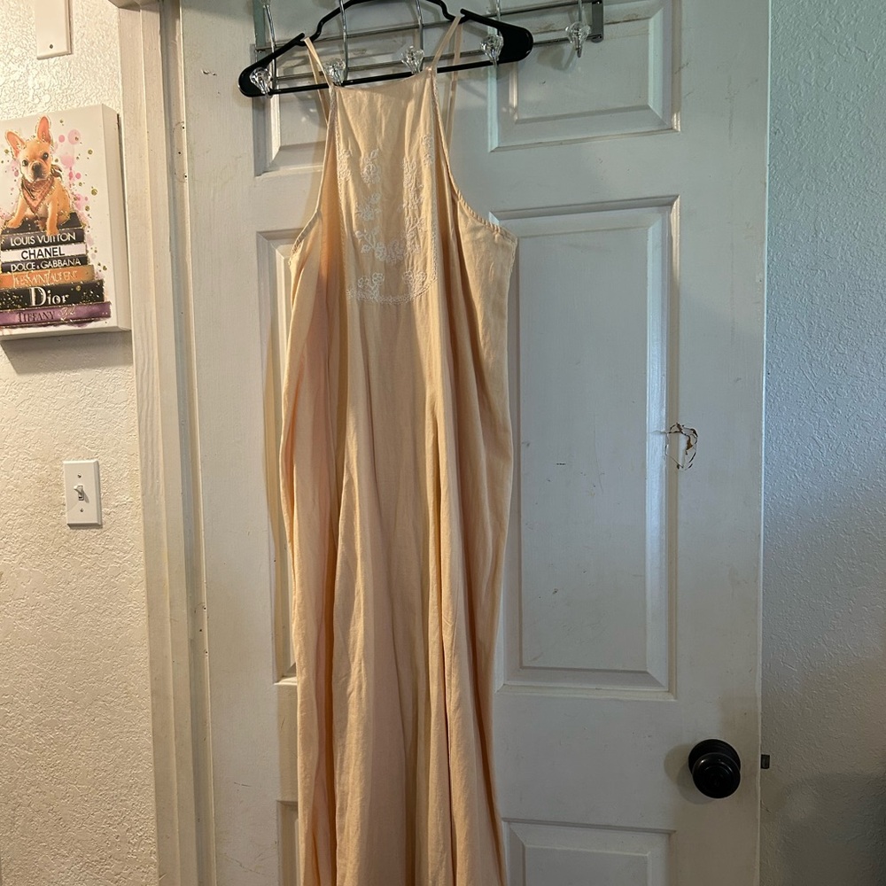 Zara Pale Peach Maxi Dress with Embroidered Yoke